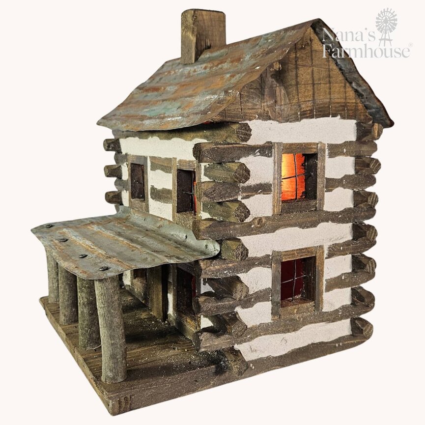 Farmhouse Log Cabin 4 Post Covered Porch Lighted - 17" x 13.5" x 13"