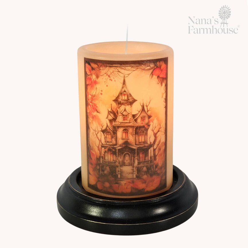 Spooky Fall Mansion Candle Sleeve - Antique Vanilla