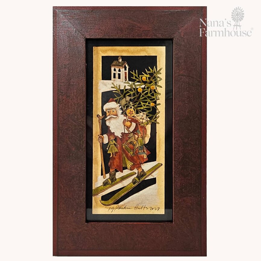 Hults Folk Art Santa On Ski's with Tree & Toys Framed - 10.75" x 6.5"