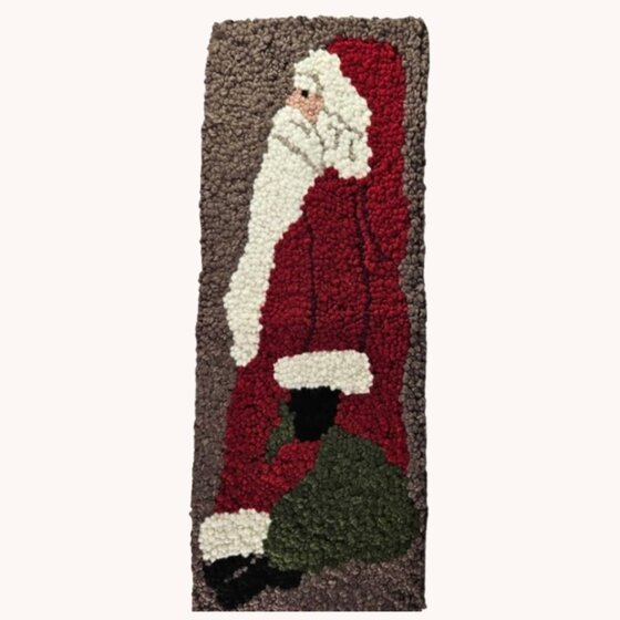 Hooked Rug Tall Santa with Green Bag