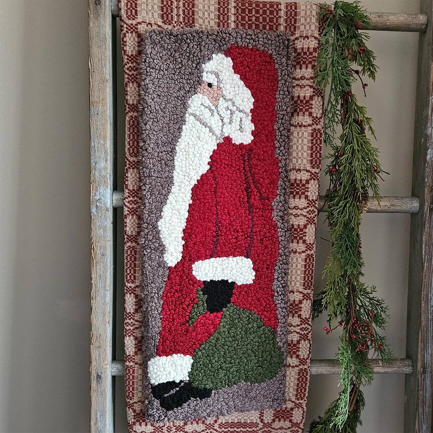 Hooked Rug Tall Santa with Green Bag - 26" x 10"