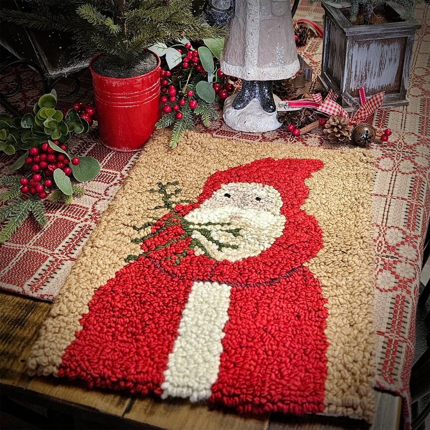 Hooked Rug Folk Art Santa with Tree - 17" x 14"