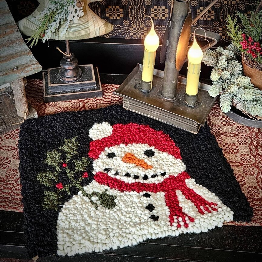 Hooked Rug Snowman with Tree - 15" x 13"