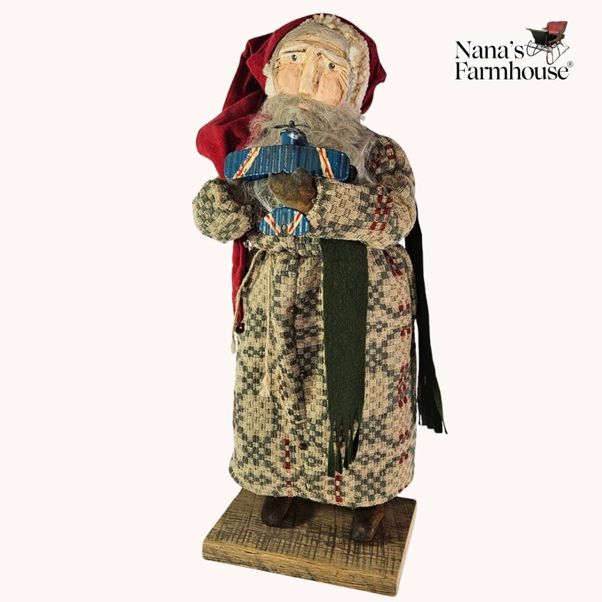 Santa Green & Tan Coverlet Robe holding Blue Airplane 20"