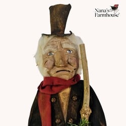 Scrooge Clay Face Doll with Red Scarf Holding Lantern Light - 24"