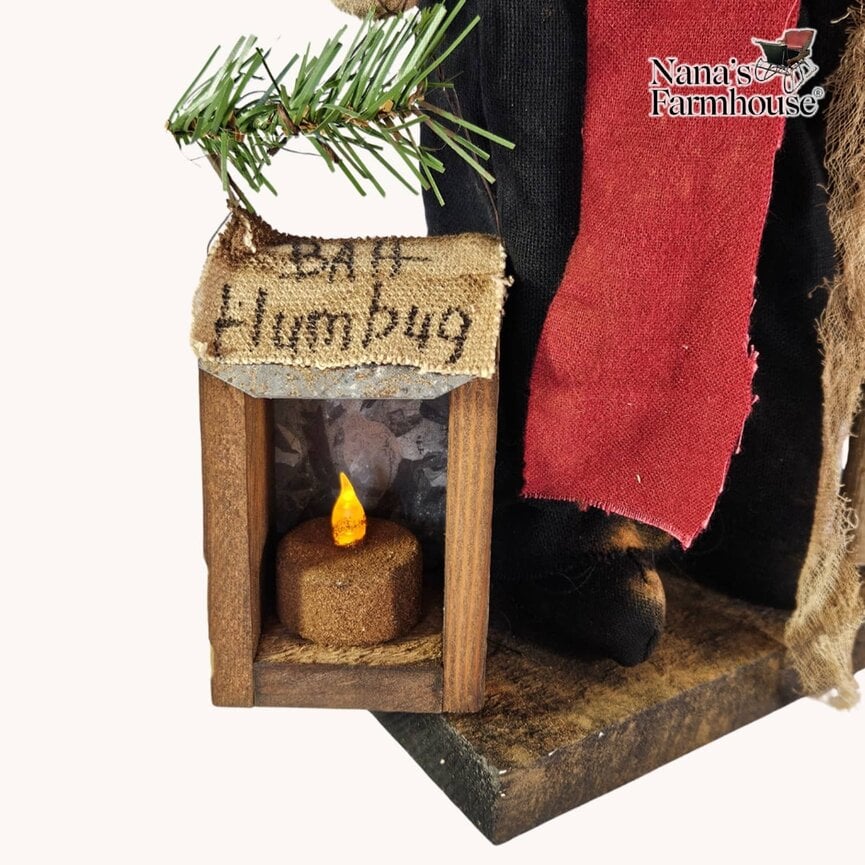 Scrooge Clay Face Doll with Red Scarf Holding Lantern Light - 24"