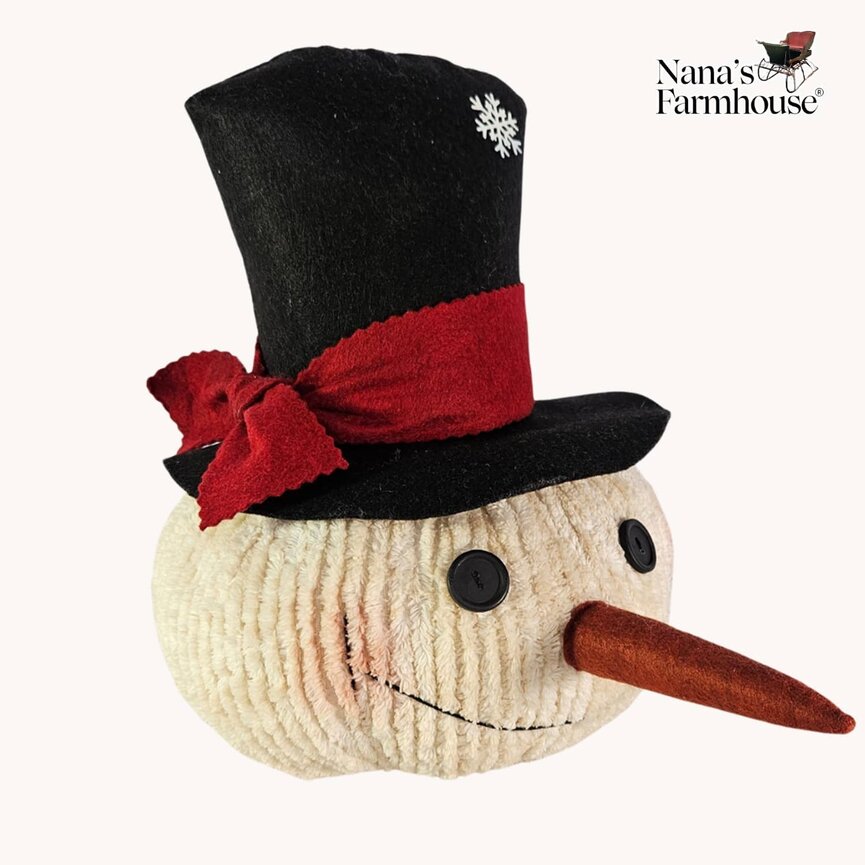 Chenille Big Joe Snowman Head Top Hat, Carrot Nose Red Tie On Hat - 13" x 10"