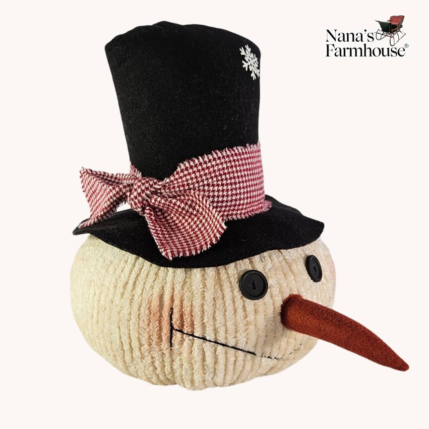 Chenille Big Joe Snowman Head Top Hat,Carrot Nose Red Mini Check Tie On Hat - 13" x 10"