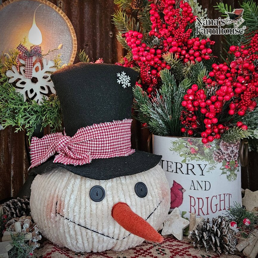 Chenille Big Joe Snowman Head Top Hat,Carrot Nose Red Mini Check Tie On Hat - 13" x 10"