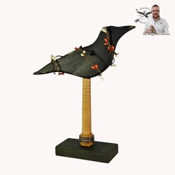 Hand Carved Primitive Crow On Wooden Spool with Green Base - 10.5"