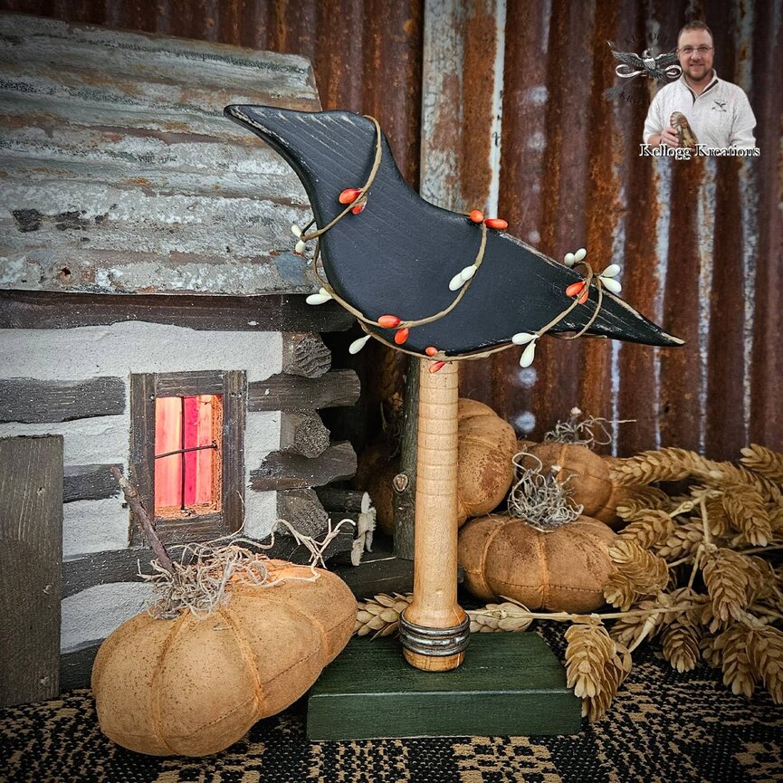 Hand Carved Primitive Crow On Wooden Spool with Green Base - 10.5"
