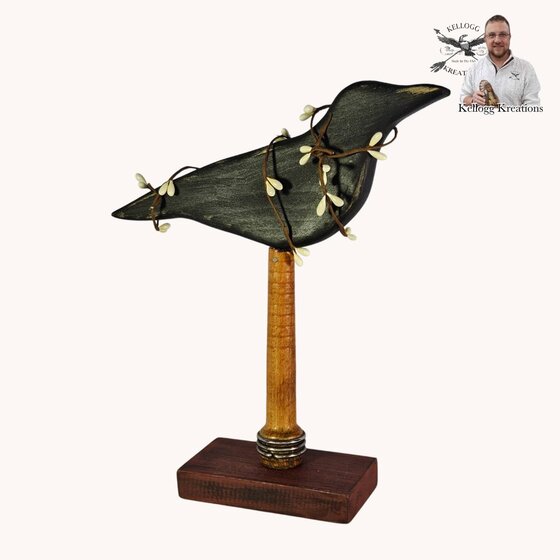 Hand Carved Primitive Crow on Barn Red Base - 10.5"
