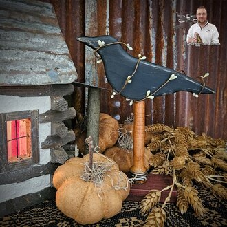 Hand Carved Primitive Crow on Barn Red Base - 10.5"