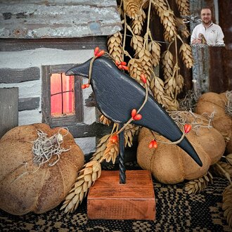 Hand Carved Primitive Crow on Pumpkin Base - 6"