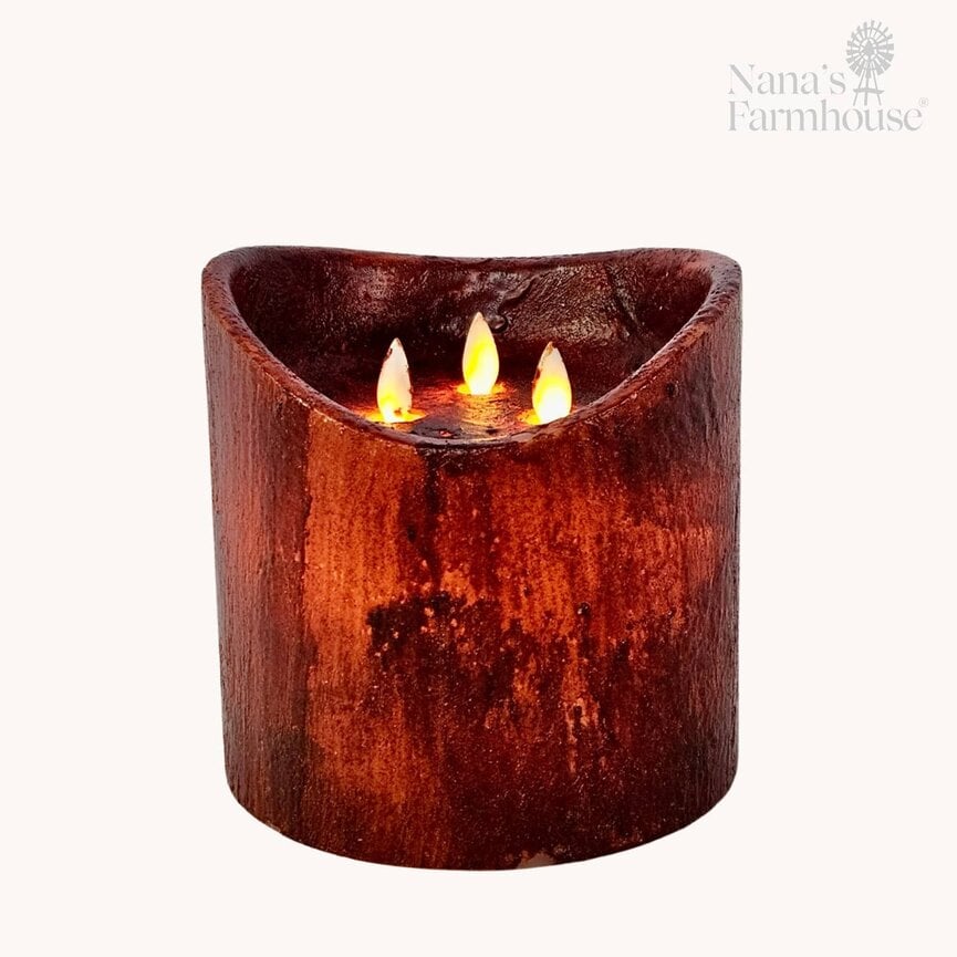 Hand Dipped Moving Flame 3 Wick Timer Pillar Candle Burgundy - 6" x 6"