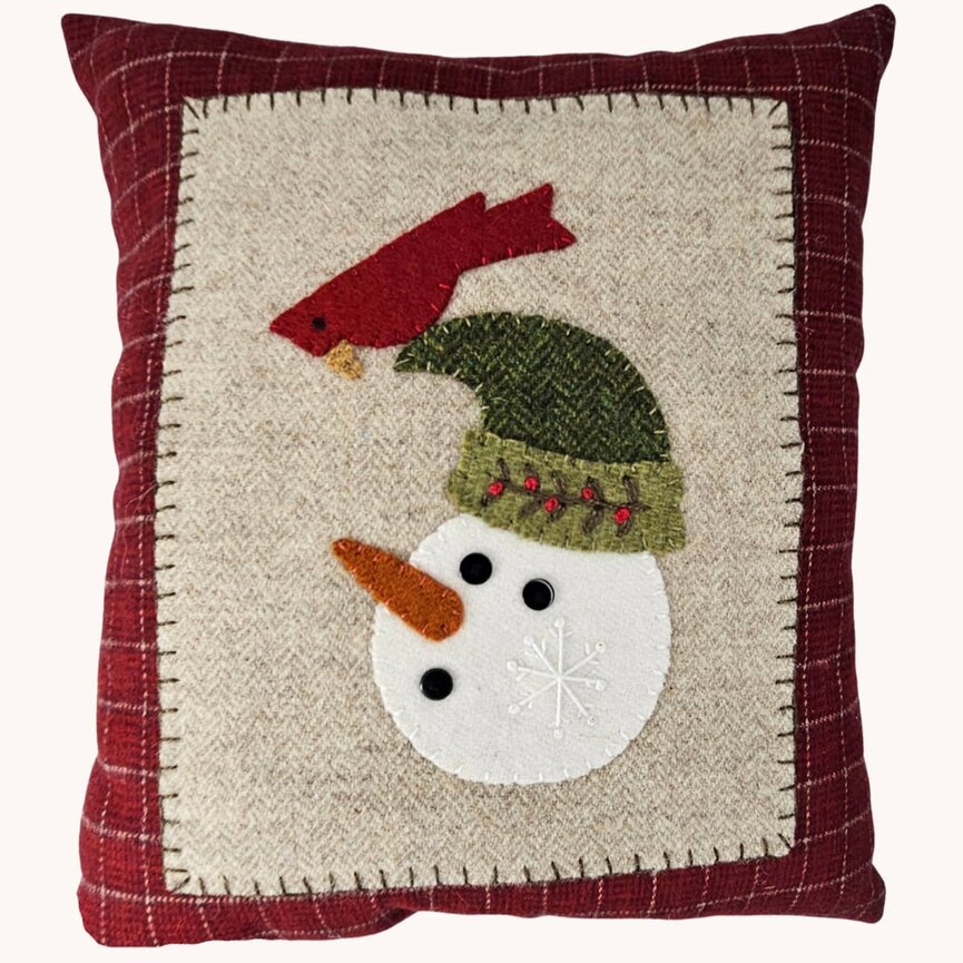 Snowman Face with Cardinal Wool Applique PIllow - 10" x 9"