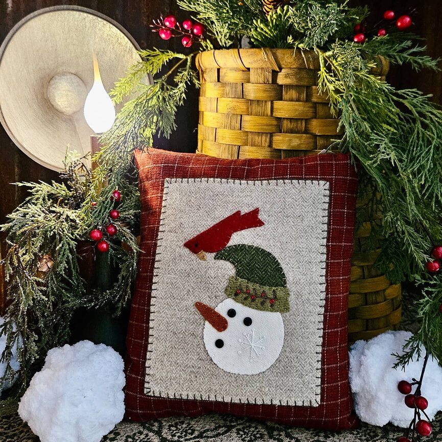 Snowman Face with Cardinal Wool Applique PIllow - 10" x 9"