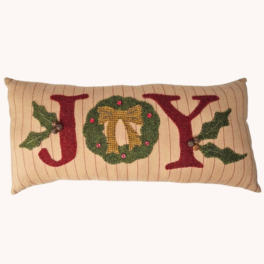 JOY & Wreath Wool Applique Pillow - 17" x 8"