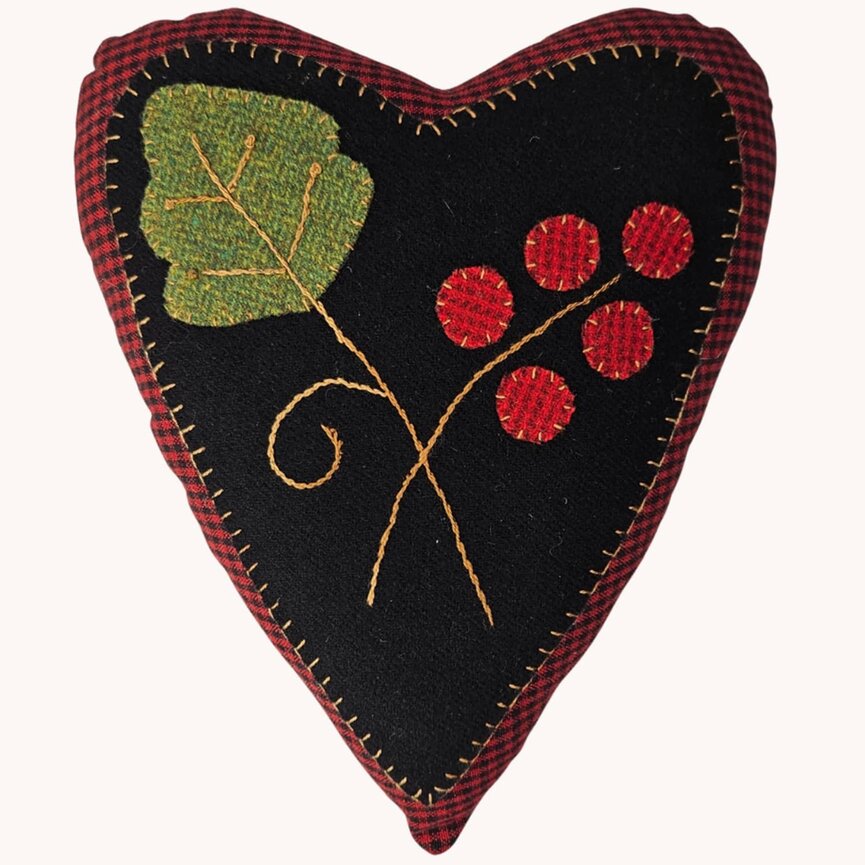 Christmas Heart Pillow W/Berry & Leaf Applique Wool 12" x 11"