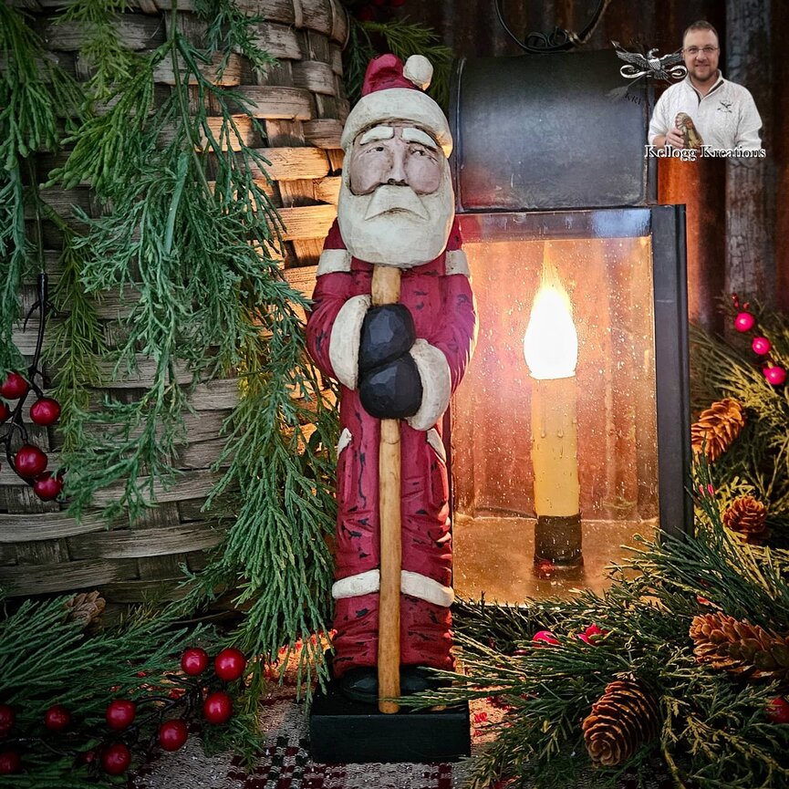 Hand Carved Santa Red Robe with Staff - 10.5"