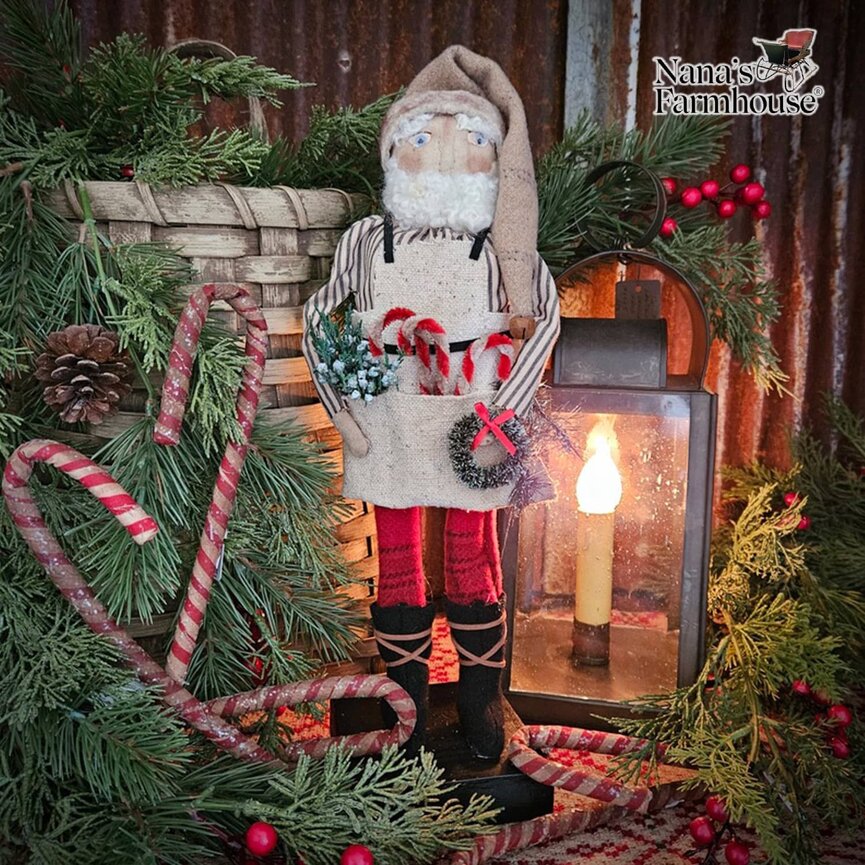 Workshop Santa with Apron, Candy Canes & Greenery - 15.5"