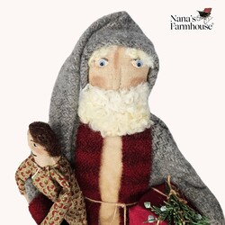 Santa with Doll & Present in Gray Cap & Robe - 12"