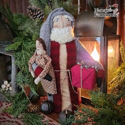 Santa with Doll & Present in Gray Cap & Robe - 12"