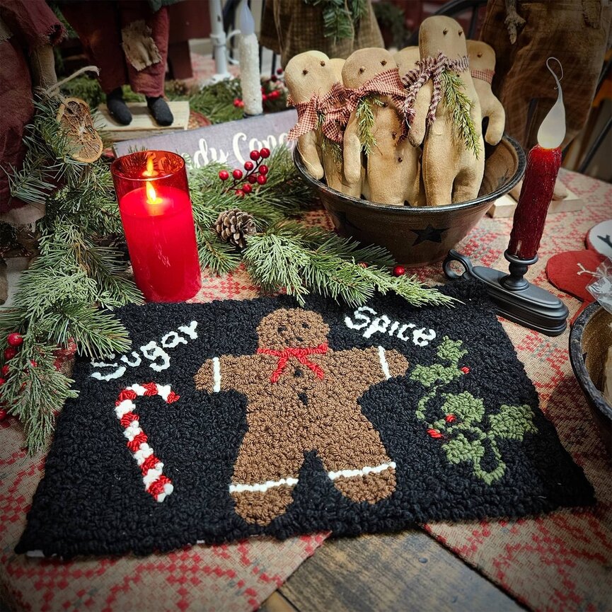 Hooked Rug Gingerbread Man Sugar Spice & Candy Cane - 17" x 12"