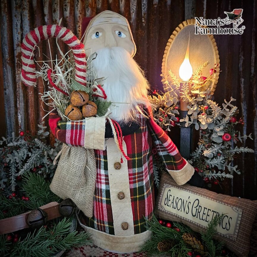 Pencil Santa Black Plaid with Candy Cane & Bag - 21"