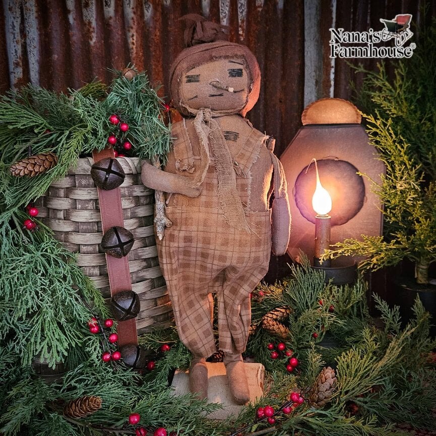 Snowman Brown Plaid Overalls with Stick Tree - 21"