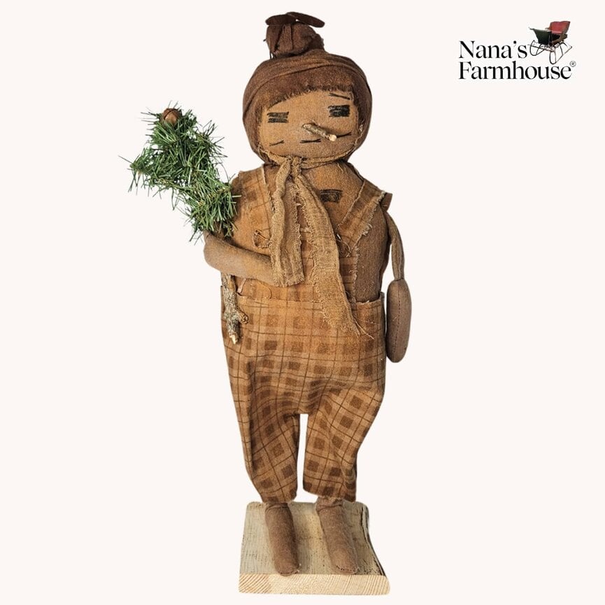 Snowman Brown Plaid Overalls with Stick Tree - 21"