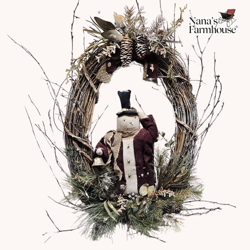 Silas The Snowman with Bell Grapevine Wreath - 24" x 15"