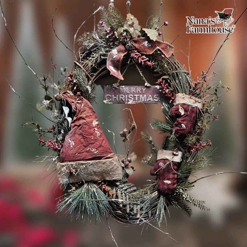 Grapevine Wreath Red Stocking Cap with Mittens - 24" x 15"