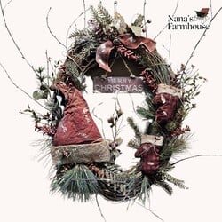 Grapevine Wreath Red Stocking Cap with Mittens - 24" x 15"