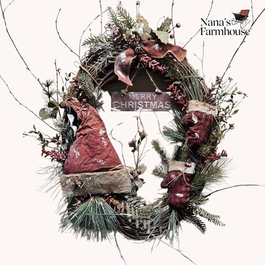 Grapevine Wreath Red Stocking Cap with Mittens - 24" x 15"