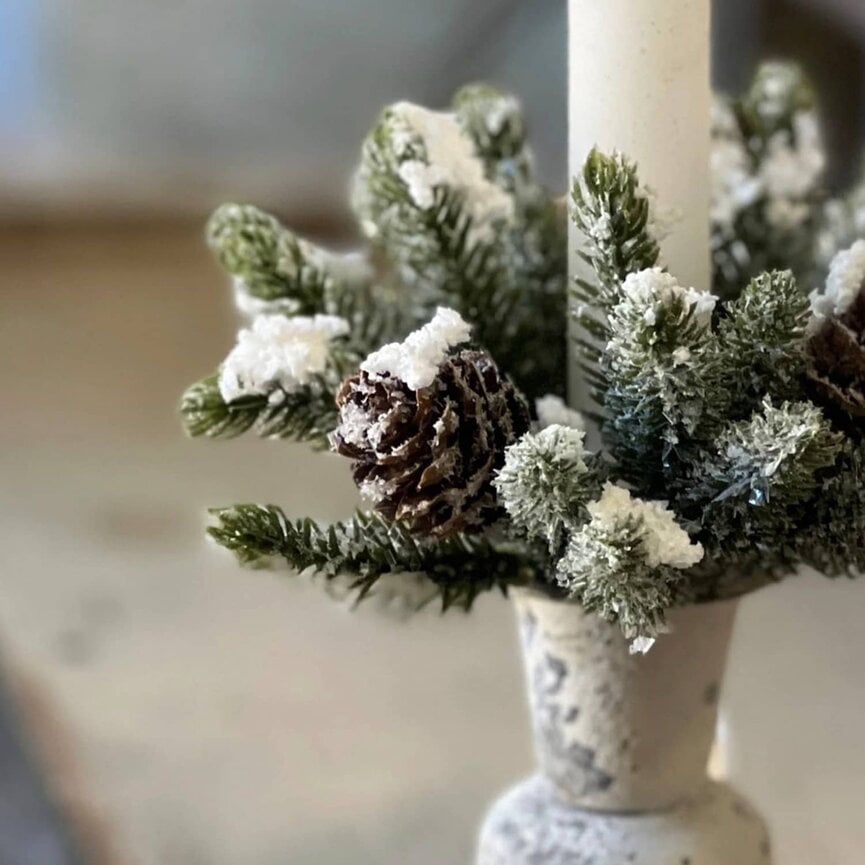 Snowy Mini Angel Pine Cone Candle Ring Green White - 1 “