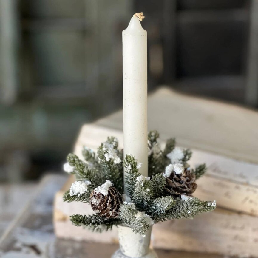 Snowy Mini Angel Pine Cone Candle Ring Green White - 1 “