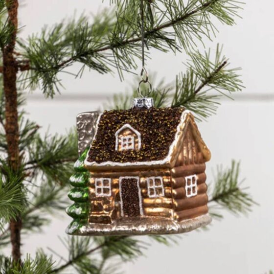 Log Cabin Glass Ornament with Brown Door
