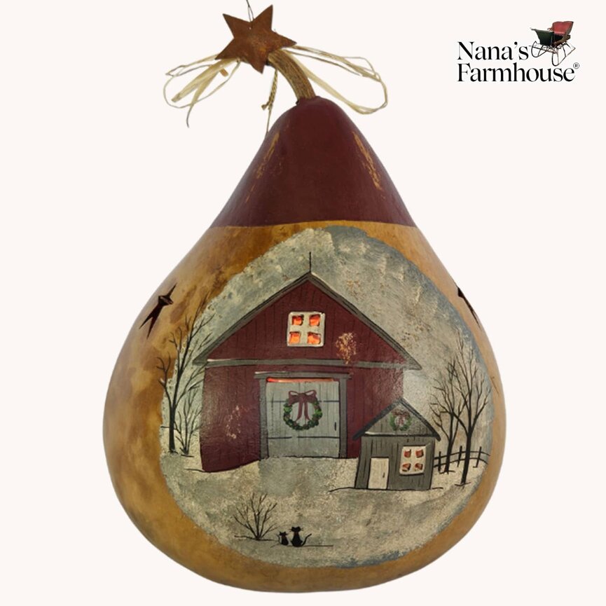 Painted Country Christmas Barn Lighted Martin Gourd - 10" x 7"