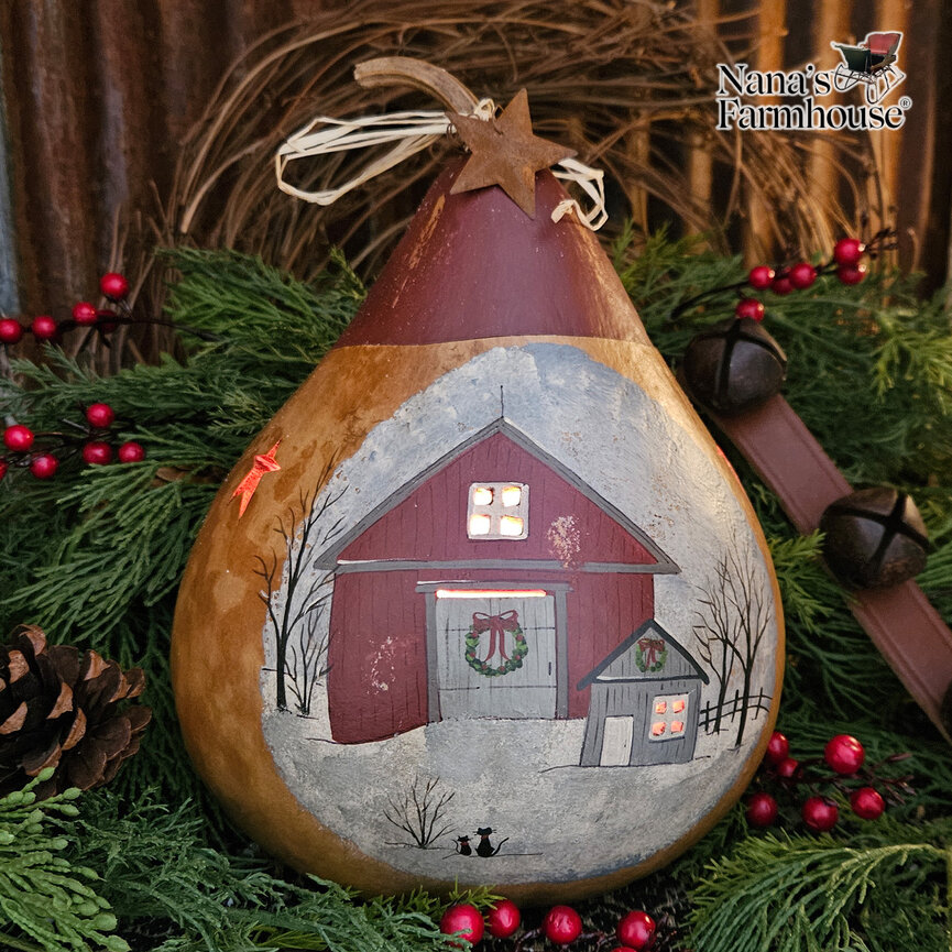 Painted Country Christmas Barn Lighted Martin Gourd - 10" x 7"