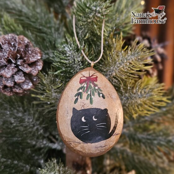 Black Cat with Mistletoe Christmas Gourdament Hand Painted