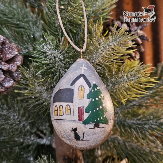 Church with Christmas Tree & Black Cat Gourdament Hand Painted