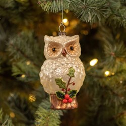 Mercury Glass Owl with Holly Ornament -5.5"