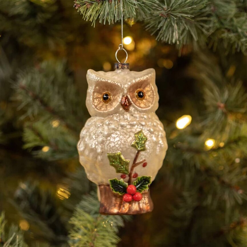 Mercury Glass Owl with Holly Ornament -5.5"