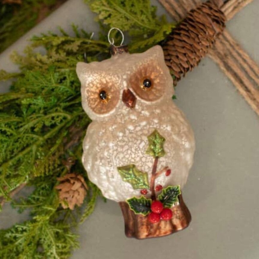 Mercury Glass Owl with Holly Ornament -5.5"