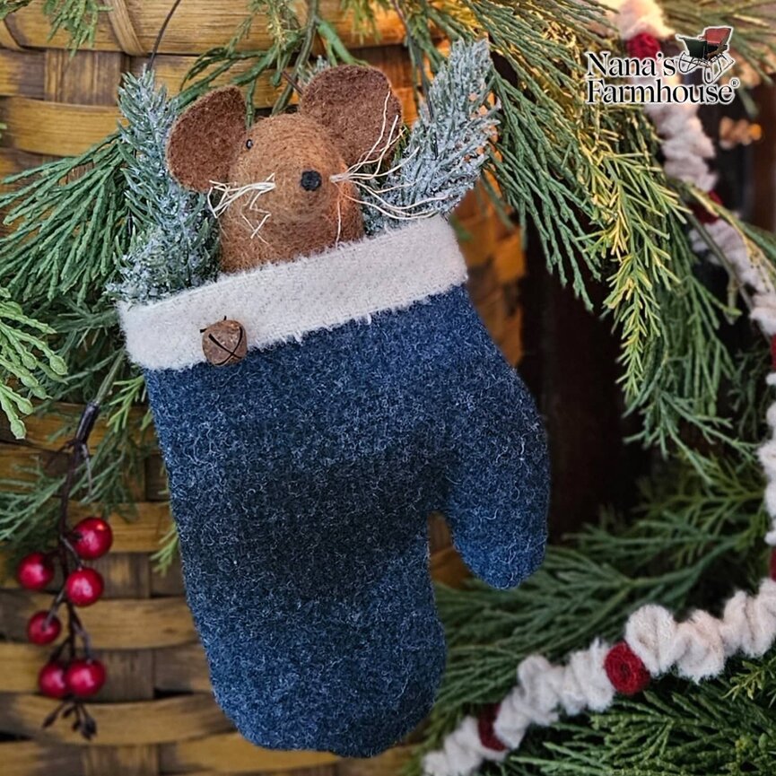 Mouse In Mitten with Wire Hanger Ornament Blue - 8"