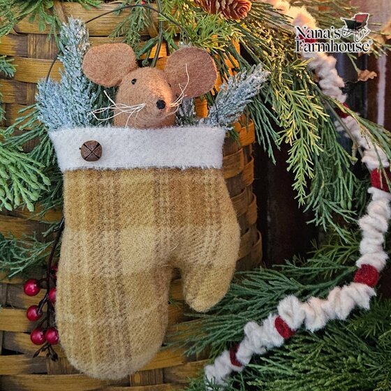 Mouse In Mustard Plaid Mitten Ornament