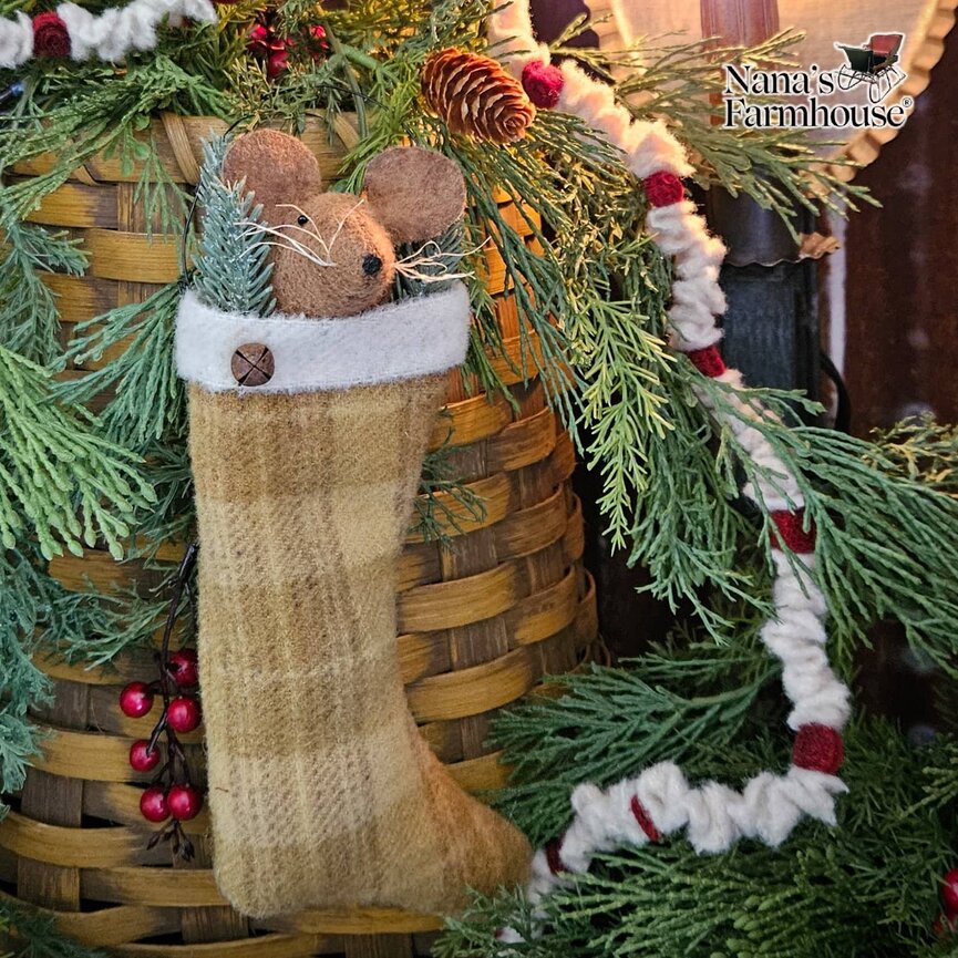 Mouse In Stocking with Wire Hanger Ornament Mustard Plaid - 10"
