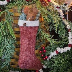 Mouse In Stocking with Wire Hanger Ornament Red Herringbone - 10"