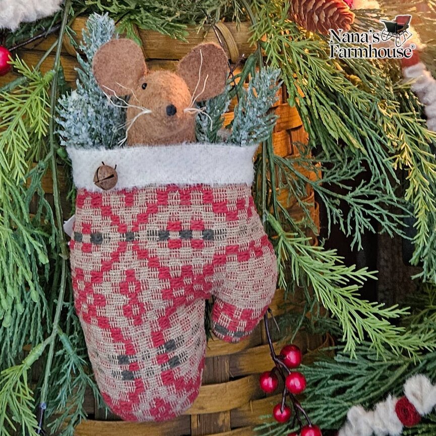 Mouse In Mitten with Wire Hanger Ornament Red Green Coverlet - 8"